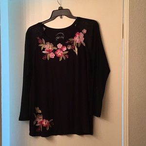 INC embroidered top with net sleeves